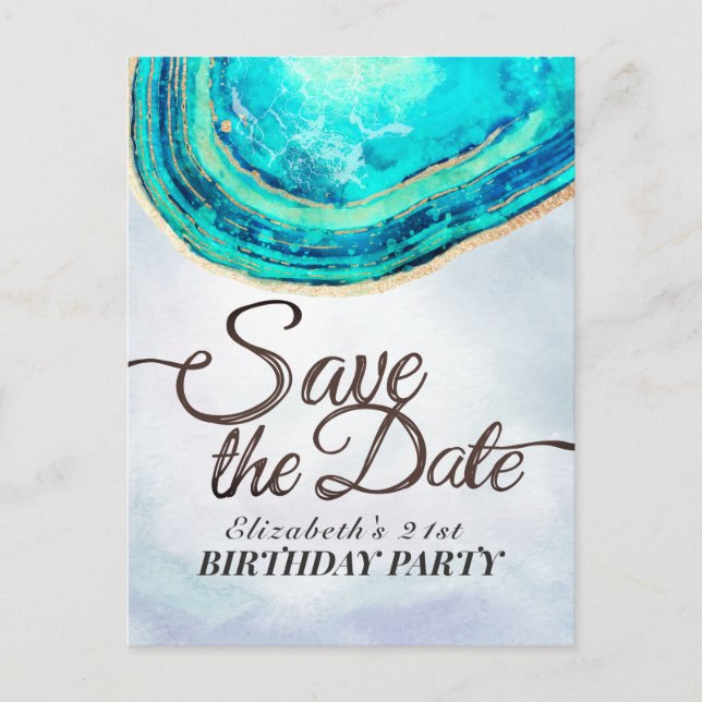 Birthday Party Save The Date Teal Gold Agate Geode Invitation Postcard (Front)