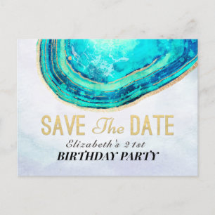 Birthday Party Save The Date Teal Gold Agate Geode Invitation Postcard