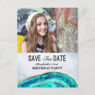 Birthday Party Save The Date Teal Gold Agate Photo Invitation Postcard
