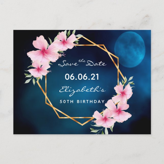 Birthday party Save the Date tropical blue moon Postcard (Front)
