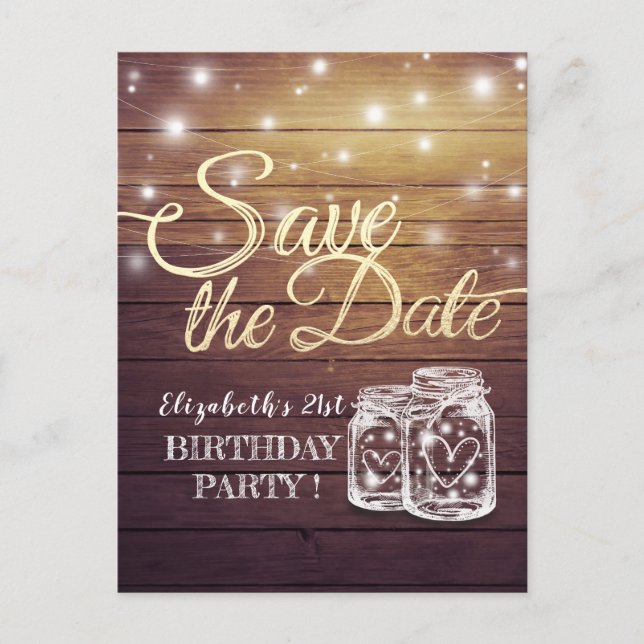 Birthday Party Save The Date Wood Mason Jar Lights Invitation Postcard (Front)
