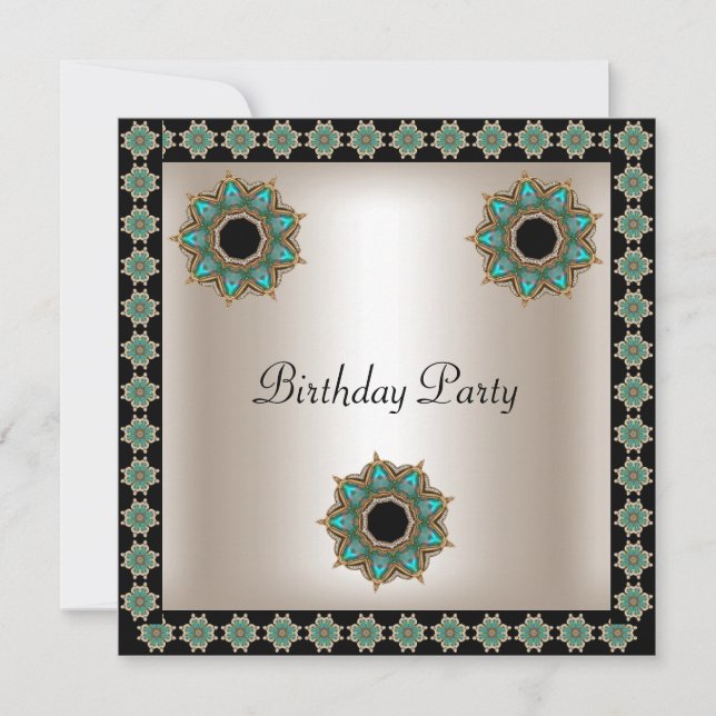 Birthday Party  Sepia Black Teal Art Deco Invitation (Front)