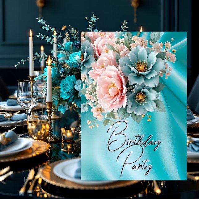 Birthday Party Silk Teal Blush Pink Flowers Invitation (Creator Uploaded)
