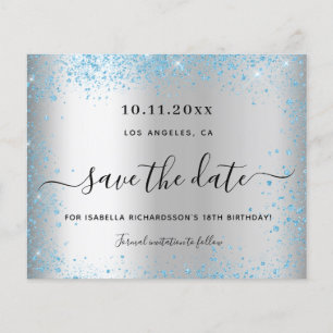 Birthday party silver blue budget save the date flyer