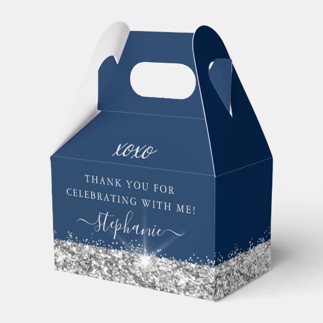 Birthday Party Silver Blue Glitter Confetti  Favour Box (Front Side)
