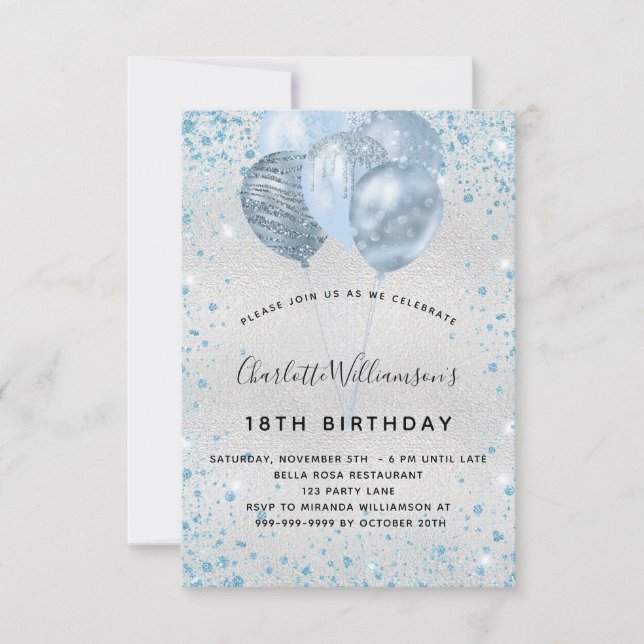 Birthday party silver blue glitter dust balloons invitation (Front)