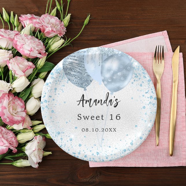 Birthday party silver blue glitter name paper plate (Creator Uploaded)