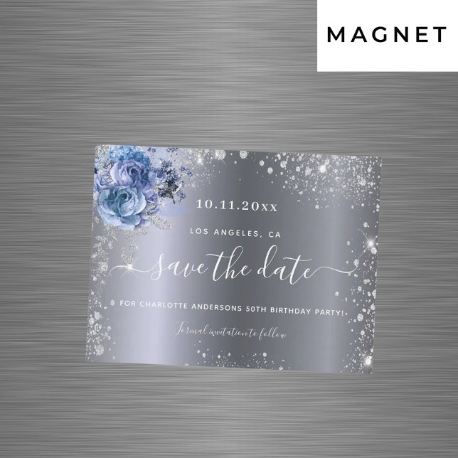 Birthday party silver blue save the date magnet (Creator Uploaded)