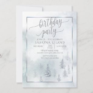Birthday Party Silver Blue Winter Wonderland Announcement