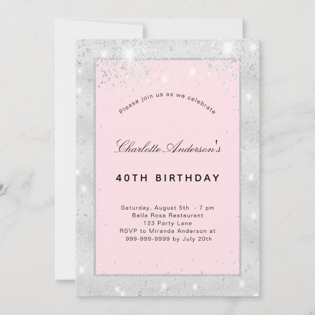 Birthday party silver blush pink glitter invitation (Front)