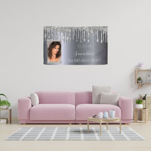 Birthday party silver custom photo glitter name banner