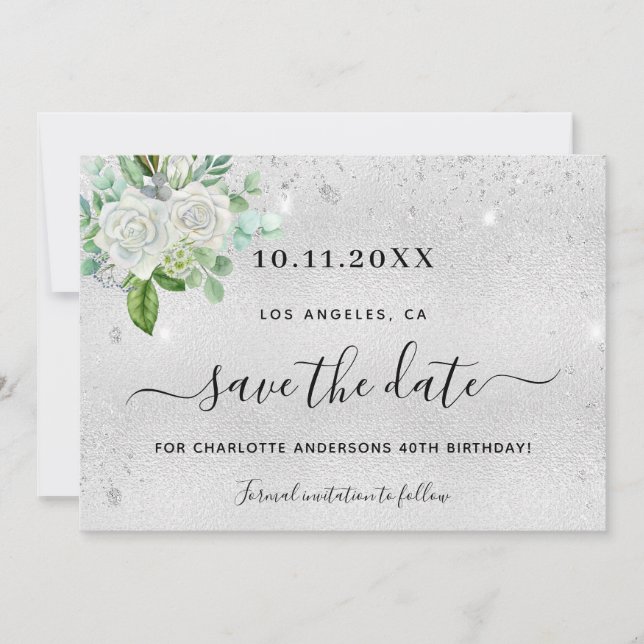 Birthday party silver floral save the date  (Front)