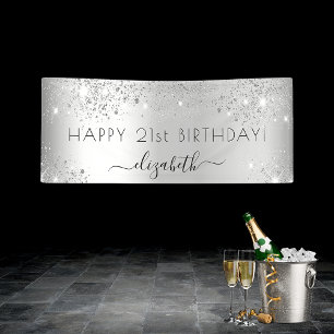 Birthday party silver glitter banner