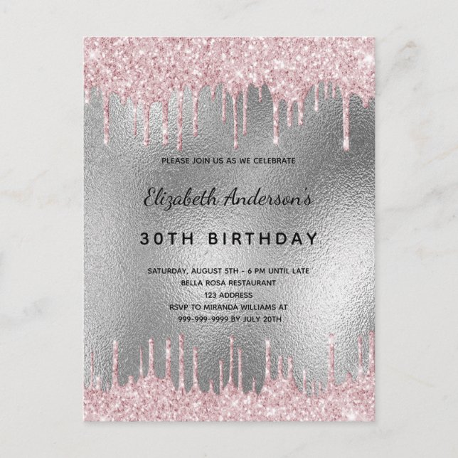 Birthday party silver glitter drip pink invitation postcard (Front)