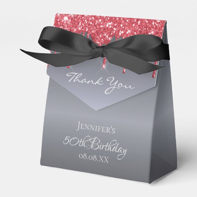 Birthday Party silver glitter drip red thank you Favour Box (Front Side)