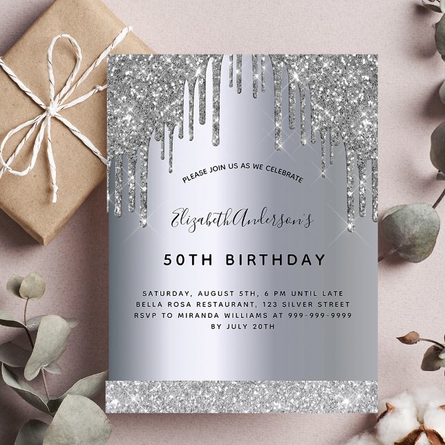 Birthday party silver glitter drips glamourous invitation (Creator Uploaded)