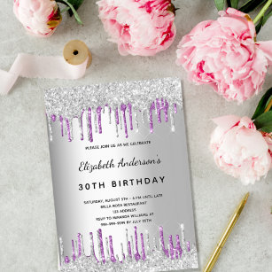 Birthday party silver glitter drips metal purple invitation