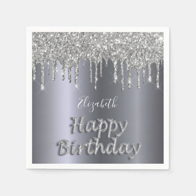 Birthday party silver glitter drips name balloon napkin (Front)