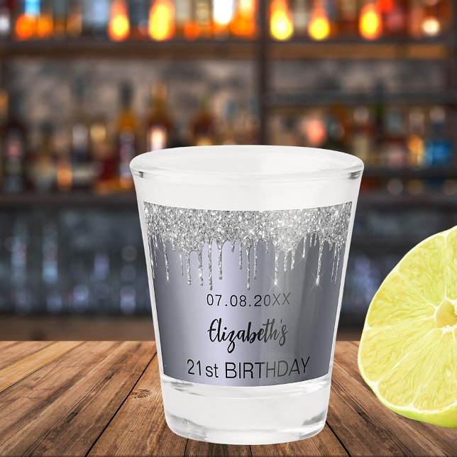 Birthday party silver glitter drips name  shot glass (Creator Uploaded)