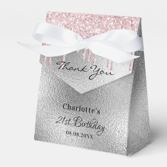 Birthday Party silver glitter drips pink thank you Favour Box (Front Side)