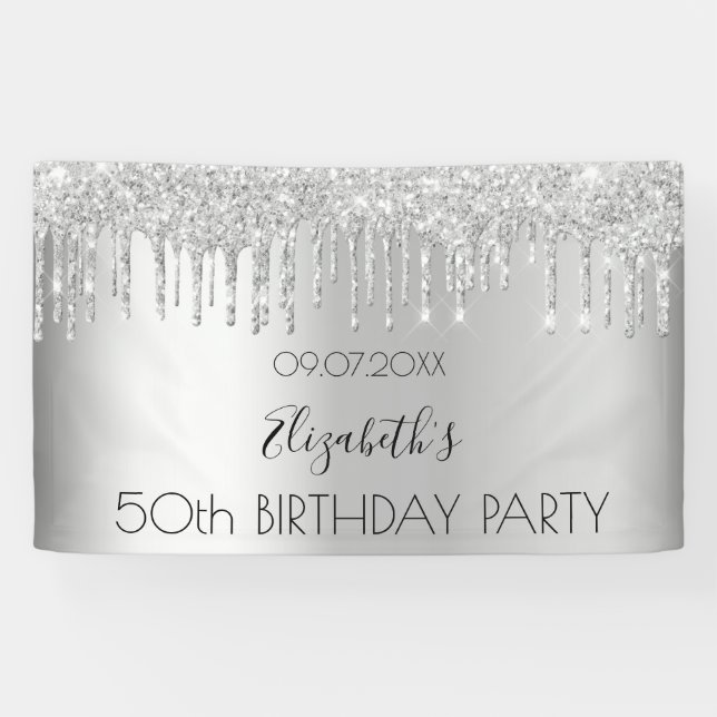 Birthday party silver glitter drips sparkle glam banner (Horizontal)