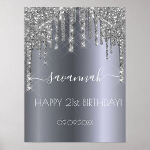 Birthday party silver glitter drips sparkle name poster