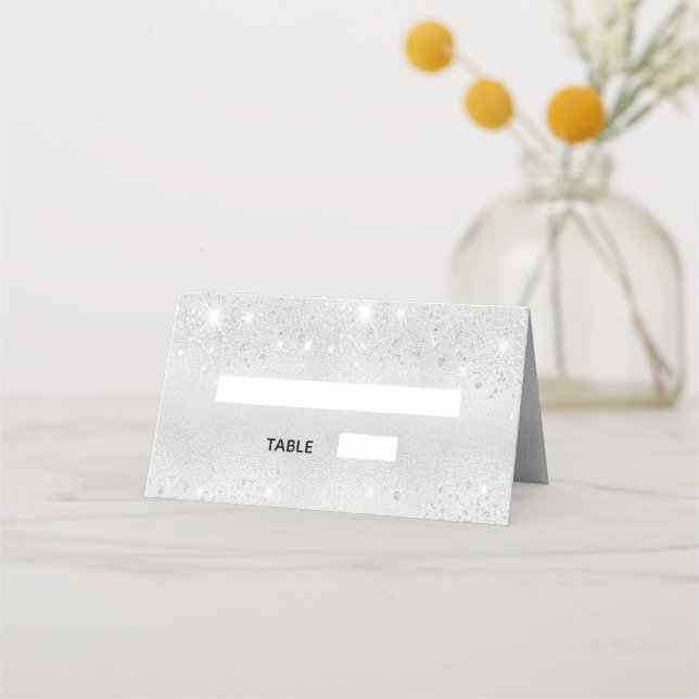 Birthday party silver glitter dust metal place card (Front)