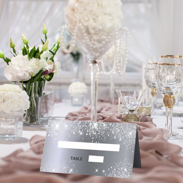 Birthday party silver glitter dust metal place card (Creator Uploaded)
