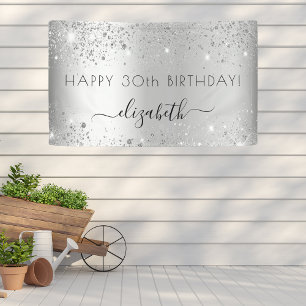 Birthday party silver glitter dust monogram banner
