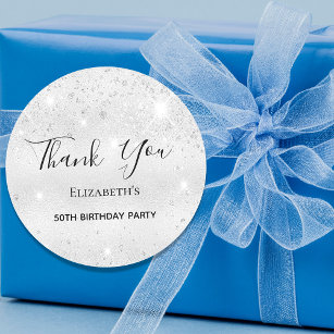 Birthday Party silver glitter dust name Thank You Classic Round Sticker