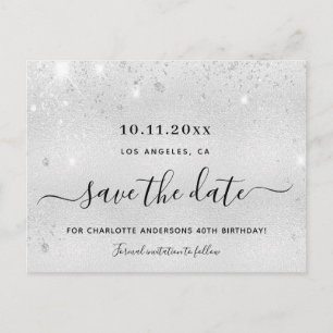 Birthday party silver glitter metal save the date announcement postcard