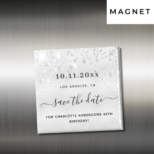 Birthday party silver glitter metal save the date magnet