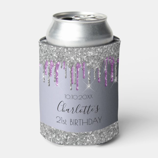 Birthday party silver glitter purple sparkle glam can cooler (Can Front)