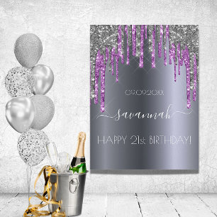 Birthday party silver glitter purple sparkle name poster