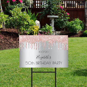 Birthday party silver glitter rose gold drive-by garden sign