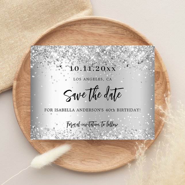 Birthday party silver glitter script save the date announcement postcard (Creator Uploaded)