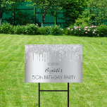 Birthday party silver glitter sparkle drive-by garden sign<br><div class="desc">An outdoor sign celebrating a 50th (or any age)milestone birthday. A faux silver metallic looking background with an elegant faux silver glitter drips,  paint dripping look. The text: Personalise and add a name written in black with a modern hand lettered style script. Templates for a date and age 50</div>