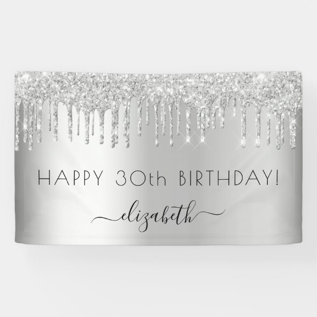Birthday party silver glitter sparkle name banner (Horizontal)