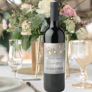 Birthday party silver gold stars cheers chic wine label