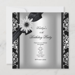 Birthday Party Silver Grey Black Damask Flower Invitation