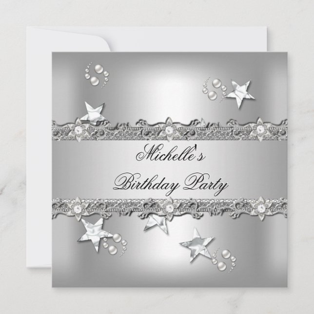 Birthday Party Silver Grey Pearl Diamond Invitation (Front)