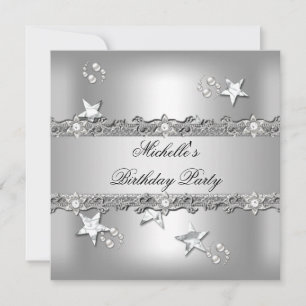 Birthday Party Silver Grey Pearl Diamond Invitation