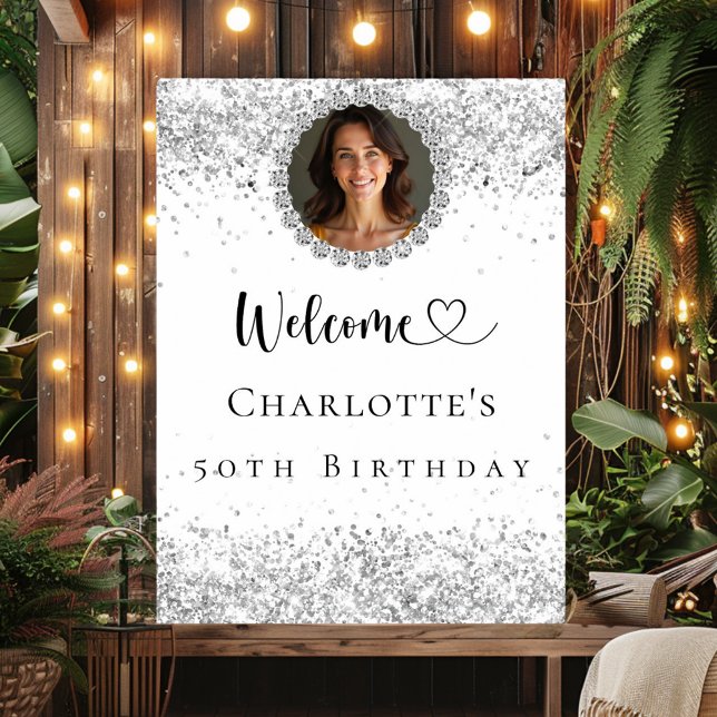 Birthday party silver photo diamonds welcome poster (Creator Uploaded)