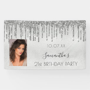 Birthday party silver photo glitter monogram banner