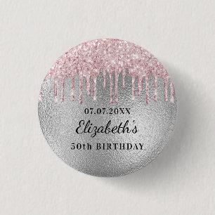 Birthday party silver pink glitter drips name  3 cm round badge