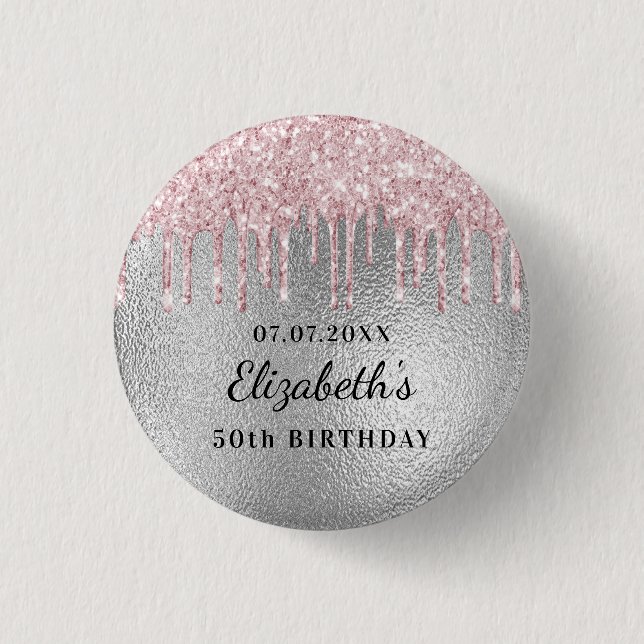 Birthday party silver pink glitter drips name  3 cm round badge (Front)