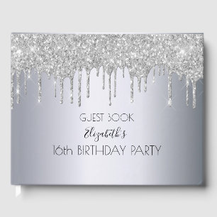 Birthday party silver rose gold glitter drips guest book