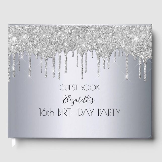Birthday party silver rose gold glitter drips guest book (Front)