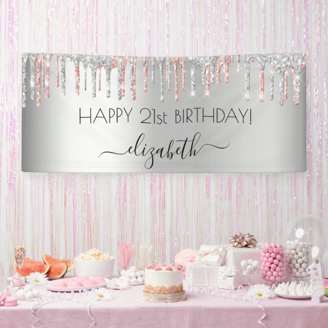 Birthday party silver rose gold glitter pink glam banner (Party)