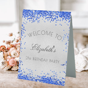 Birthday party silver royal blue confetti welcome